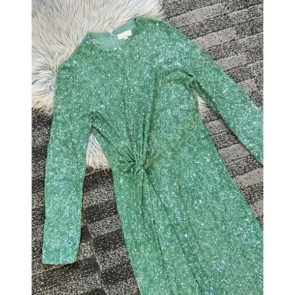 Ashish Green Twist Sequin Maxi Dress Medium Long Sleeve NWOT Sheath (MSRP $2500)